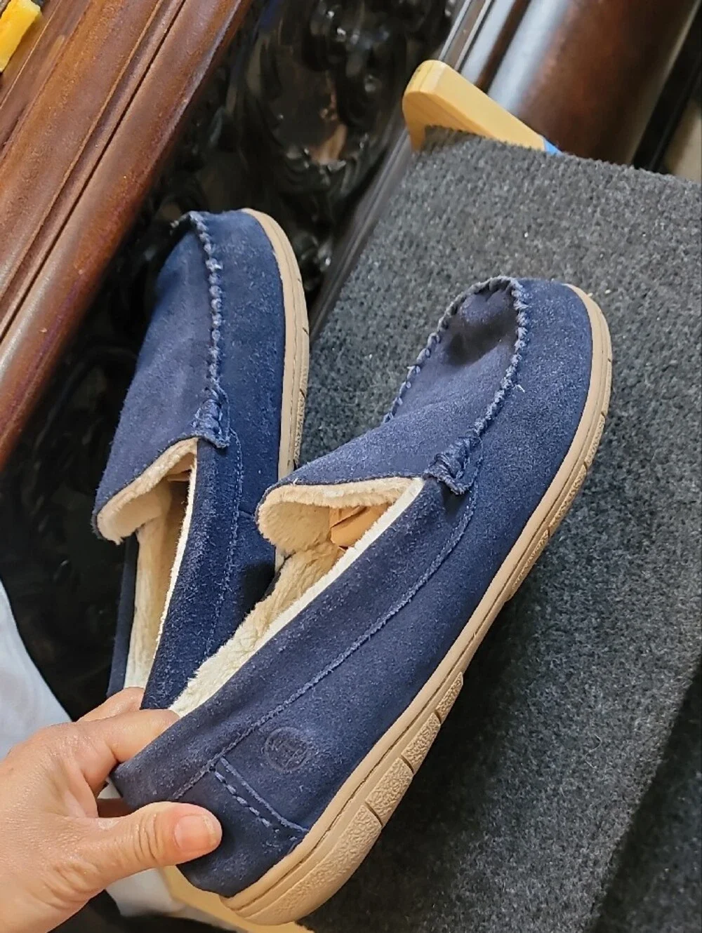 Lands' End Men's Navy Suede Moccasins with Shearling Lining
